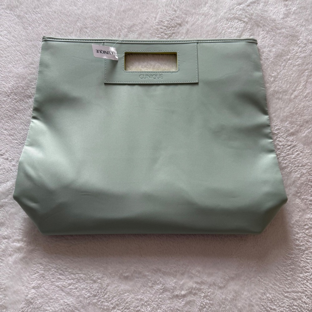 Clinique Mint Green Tote Bag Cutout Handle Faux Leather Large Cosmetic Shopper
